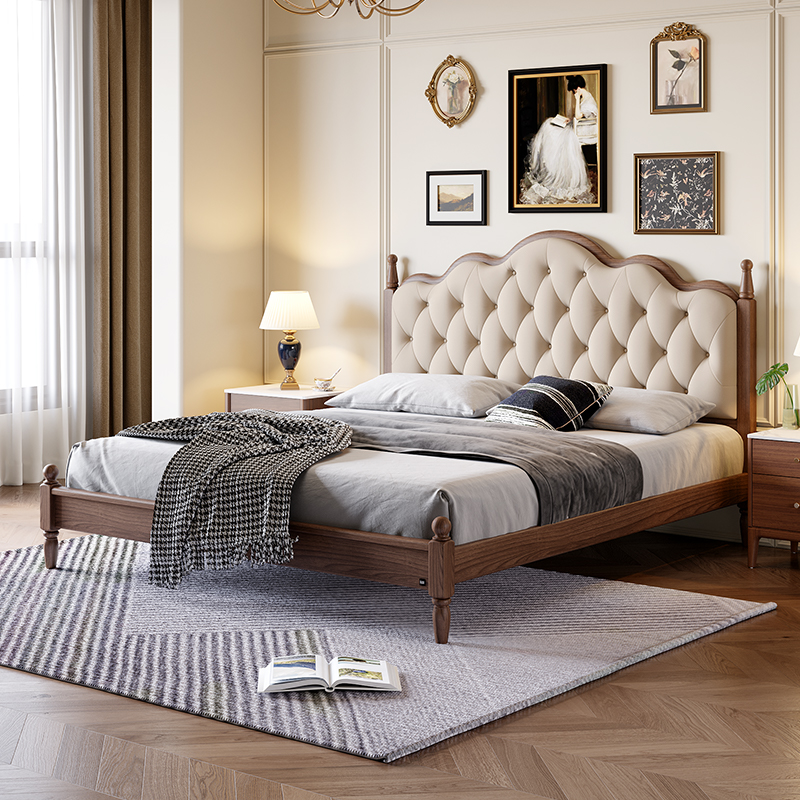 顾家木艺复古美式实木床中古风胡桃木双人主卧床床 PT8083B（床架）