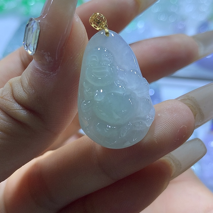 翡翠18K金镶嵌项链天然翡翠A货吊坠