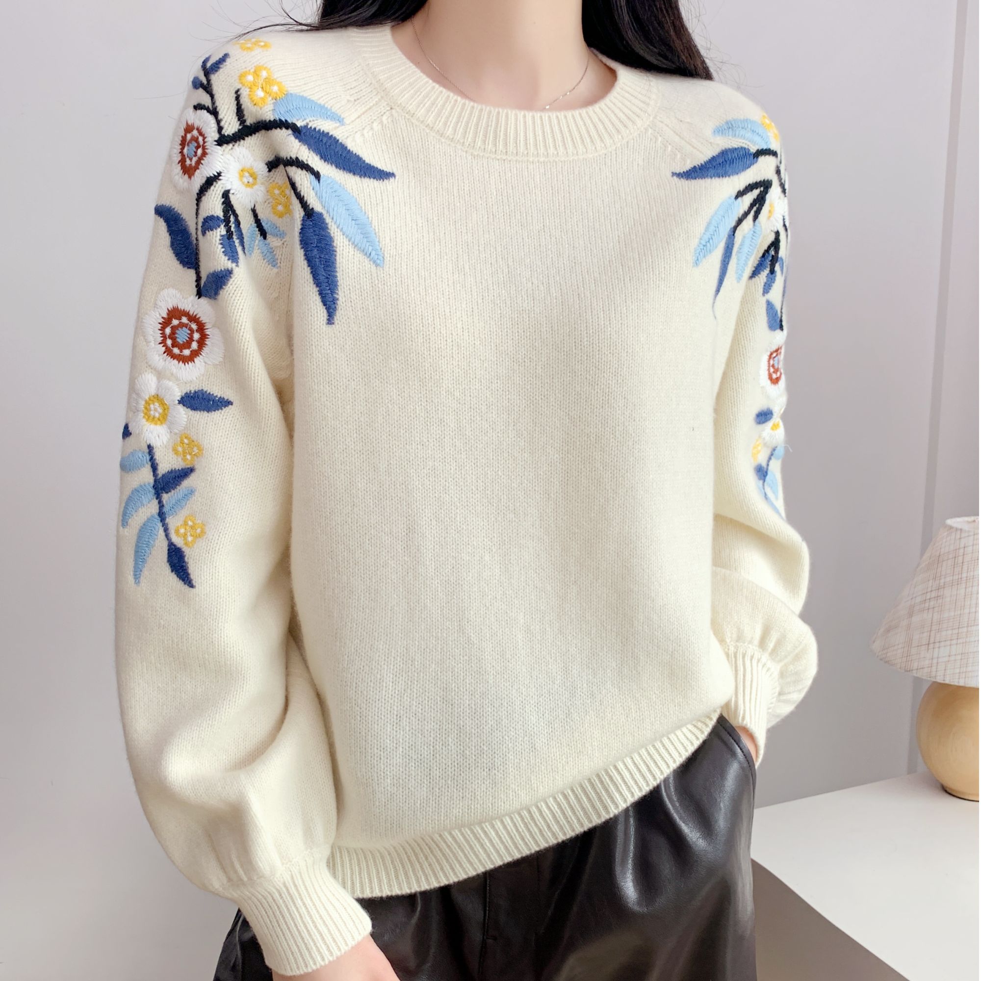 【米煕儿专属】高品质宽松加厚版羊毛羊绒刺绣针织毛衣1411款