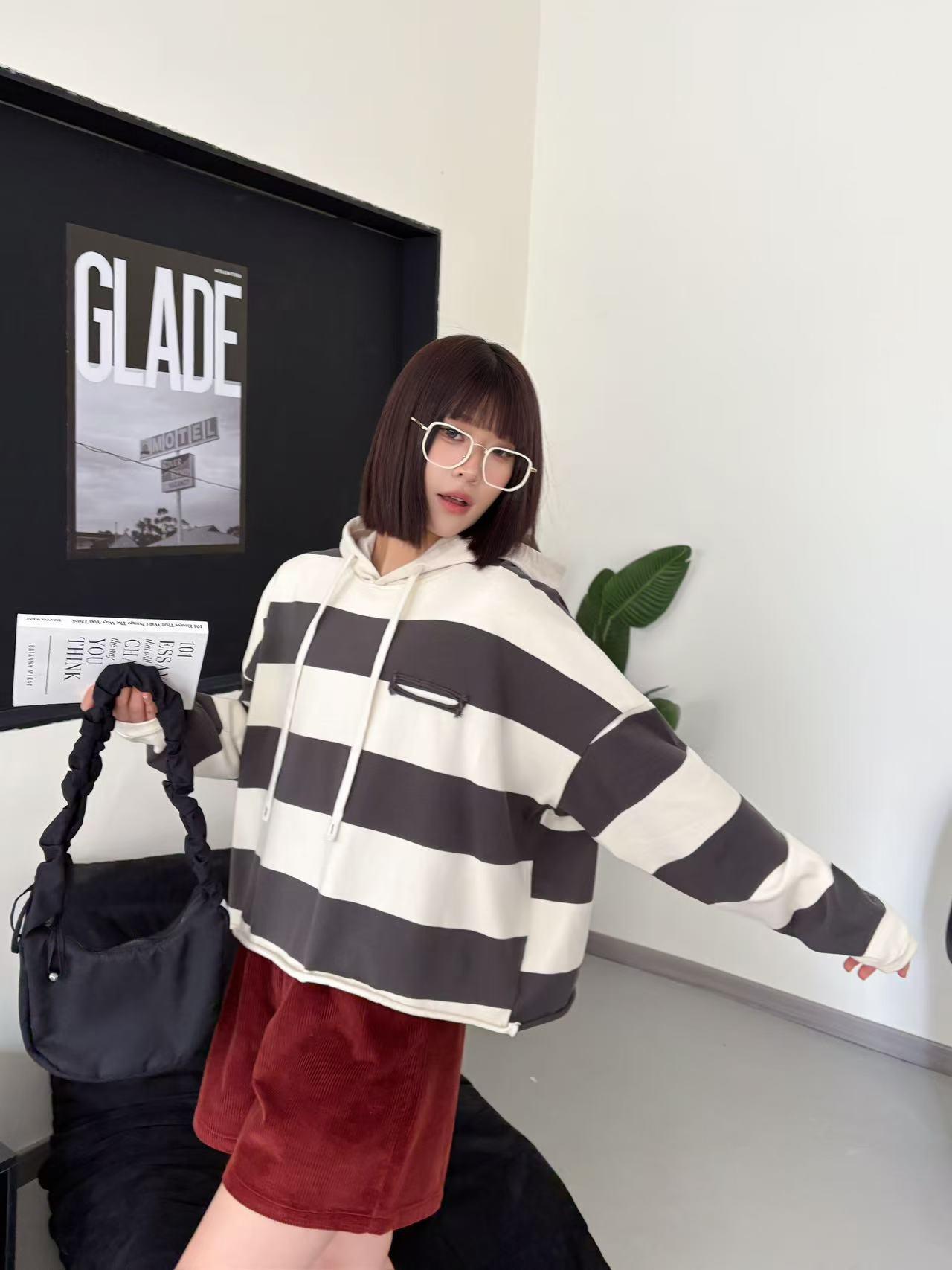 新款文艺宽条纹ROWNAGGER纸袋家3013棉水洗减龄连帽亲肤宽松卫衣