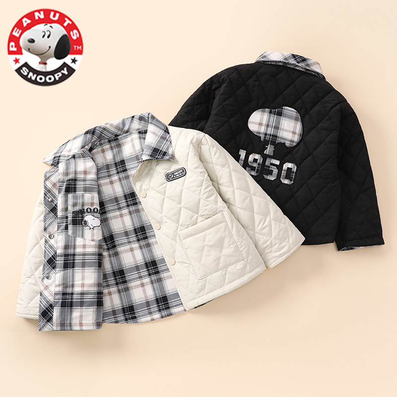 两面穿史努比男女童秋冬棉服加厚格子宽松休闲保暖短款外套[FX]