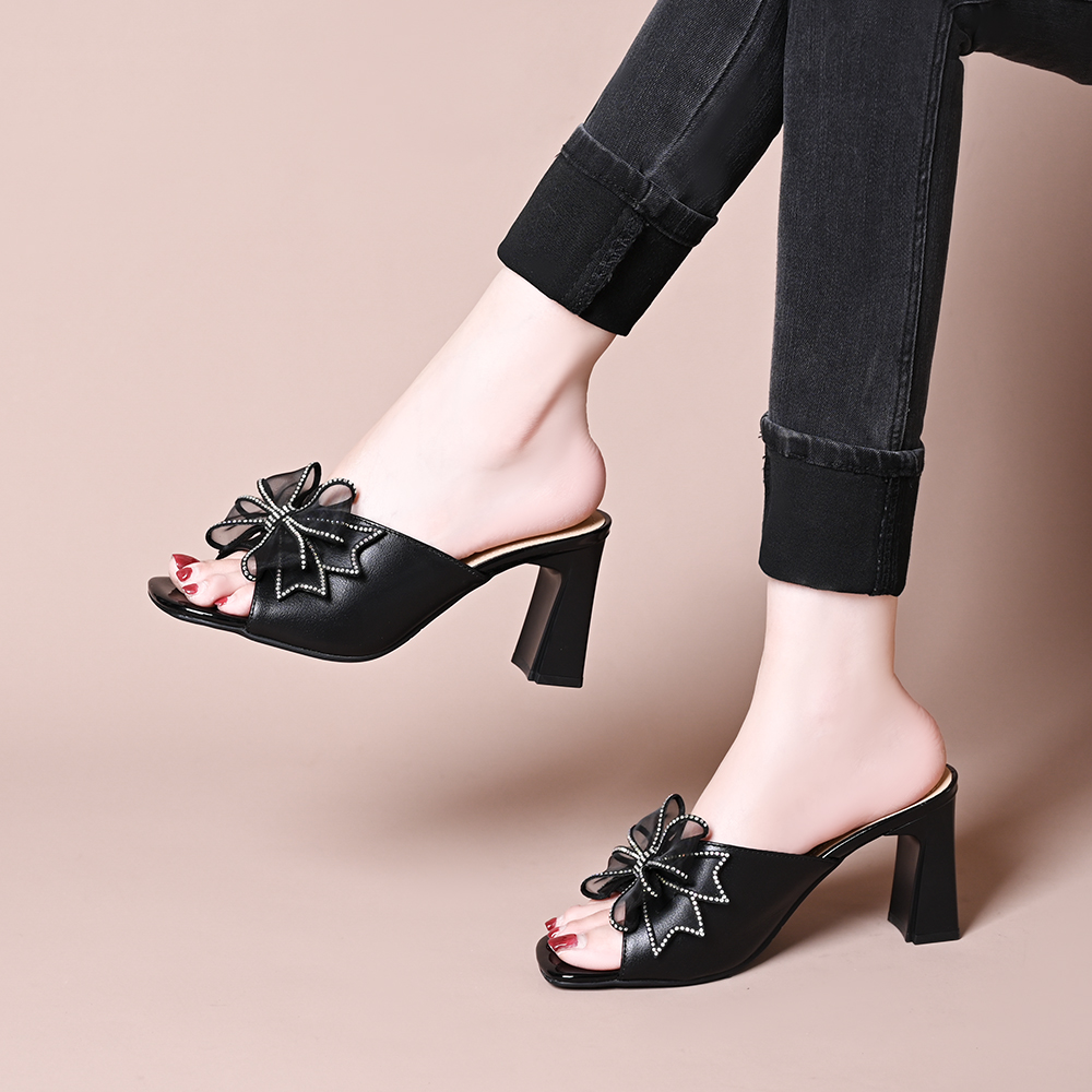 头层牛皮高跟半拖鞋女夏季新款外穿时尚蝴蝶结水钻粗跟百搭凉拖鞋