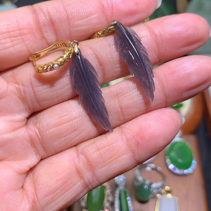 和田玉耳坠银S925镶嵌萤*虫