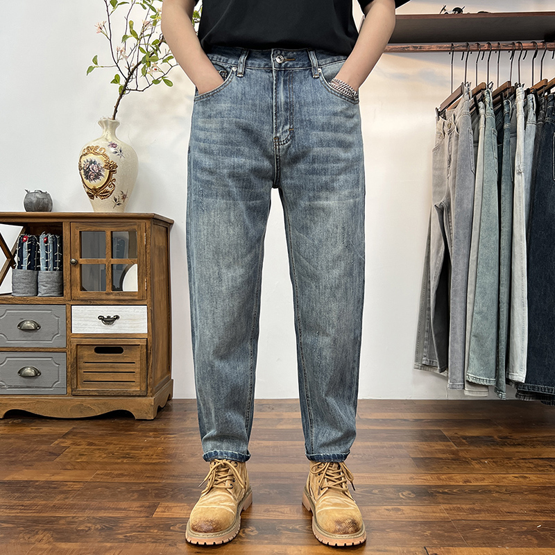 弹力九分高端牛仔裤男2025夏季薄款男士宽松锥形百搭哈伦休闲裤子