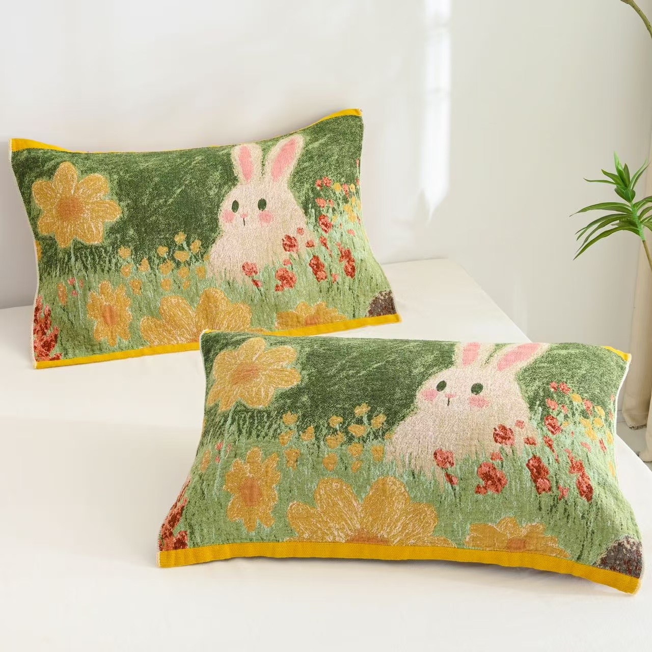 G684 纯棉四层纱油画枕巾小白兔48*74