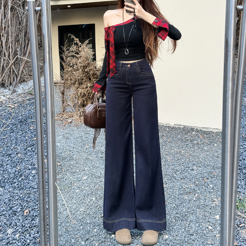不掉色丹宁蓝牛仔裤女2025年秋季新款高腰显瘦弹力宽松阔腿百搭