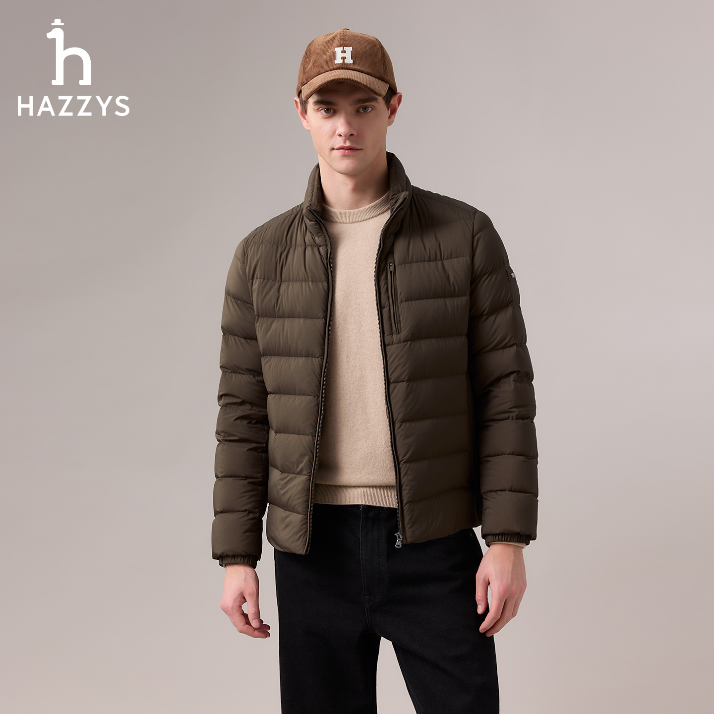 【商场同款】HAZZYS哈吉斯秋冬季男士短款鹅绒排骨羽绒服保暖外套