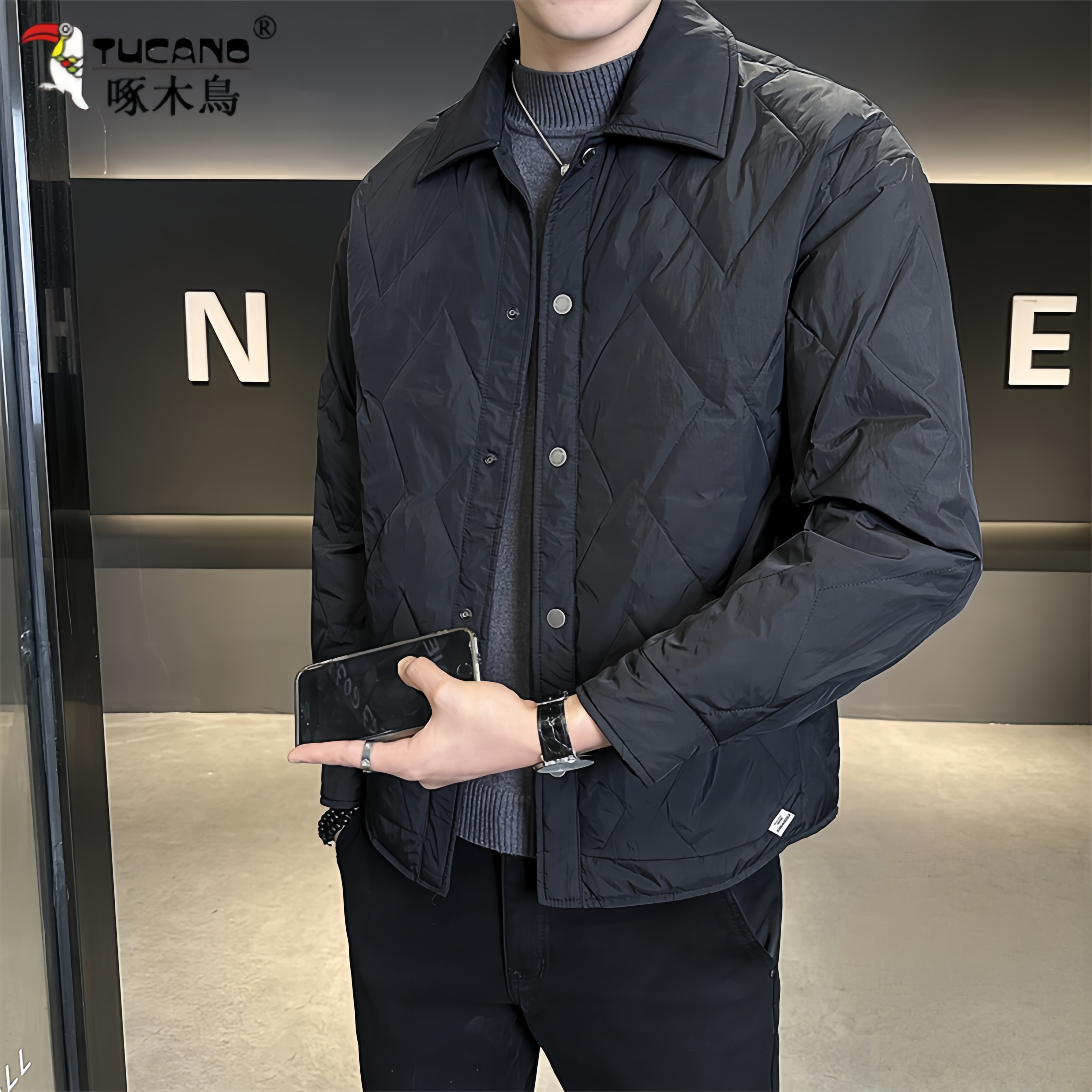 啄木鳥轻薄款防寒服男士秋冬季休闲翻领短款时尚轻奢保暖棉服外套