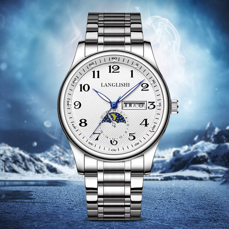 【宠粉直发】男士经典白盘双日历月相手表数字钢带夜光腕表LL005-SX