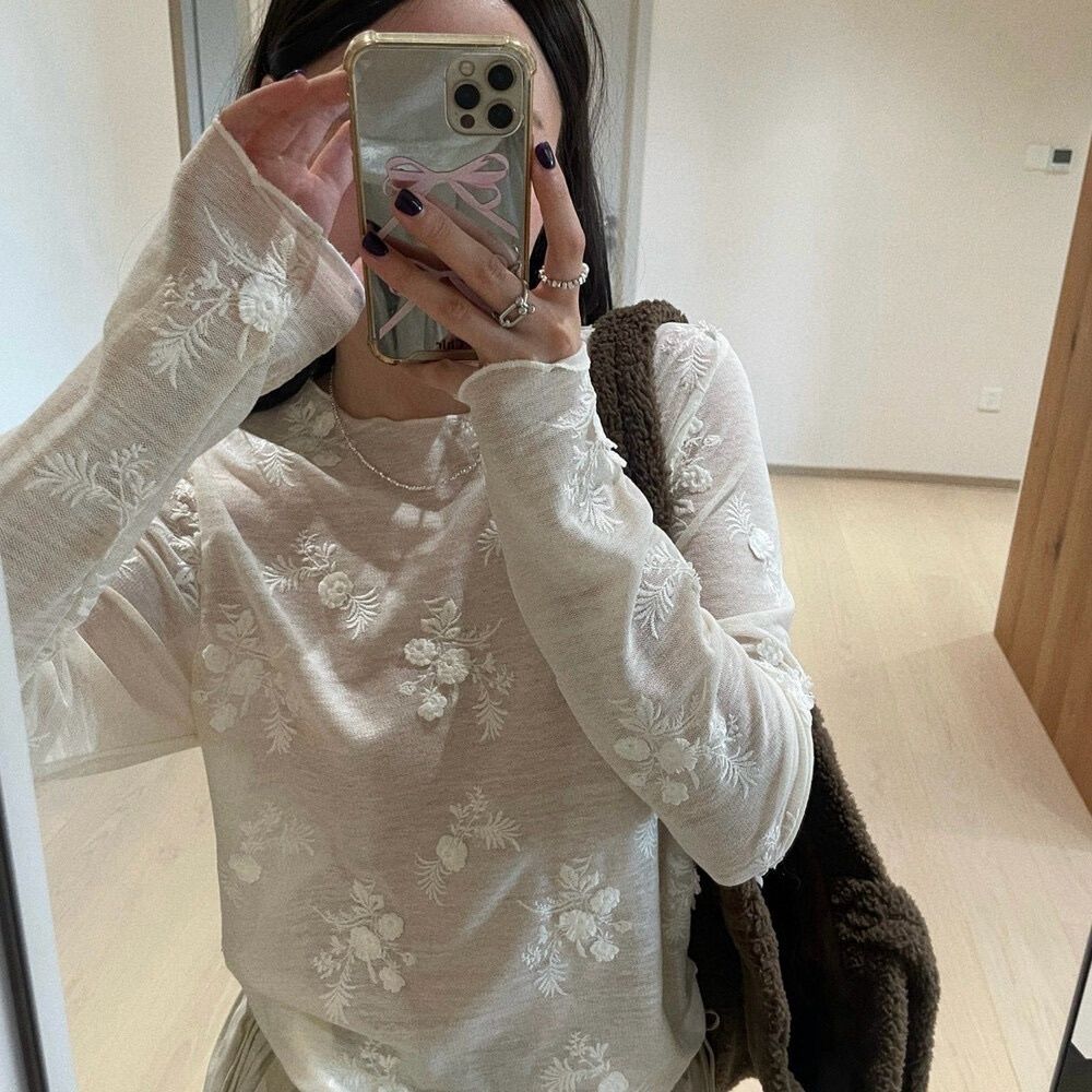 秋季韩系重工手工蕾丝刺绣长袖内搭外穿镂空显瘦白色打底T恤