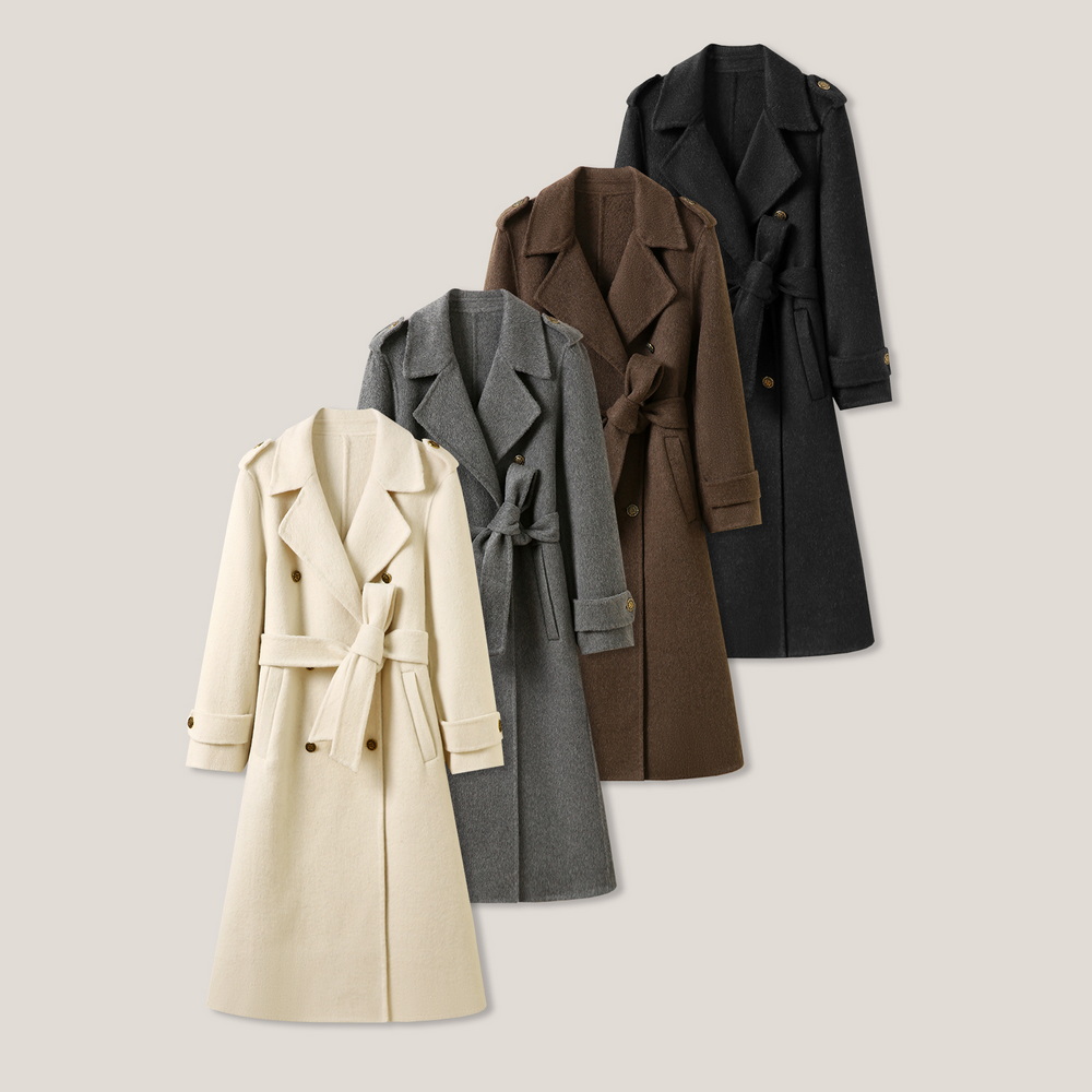 “入冬时报”长款休闲百搭毛呢戗驳领长袖腰带外套ss26480