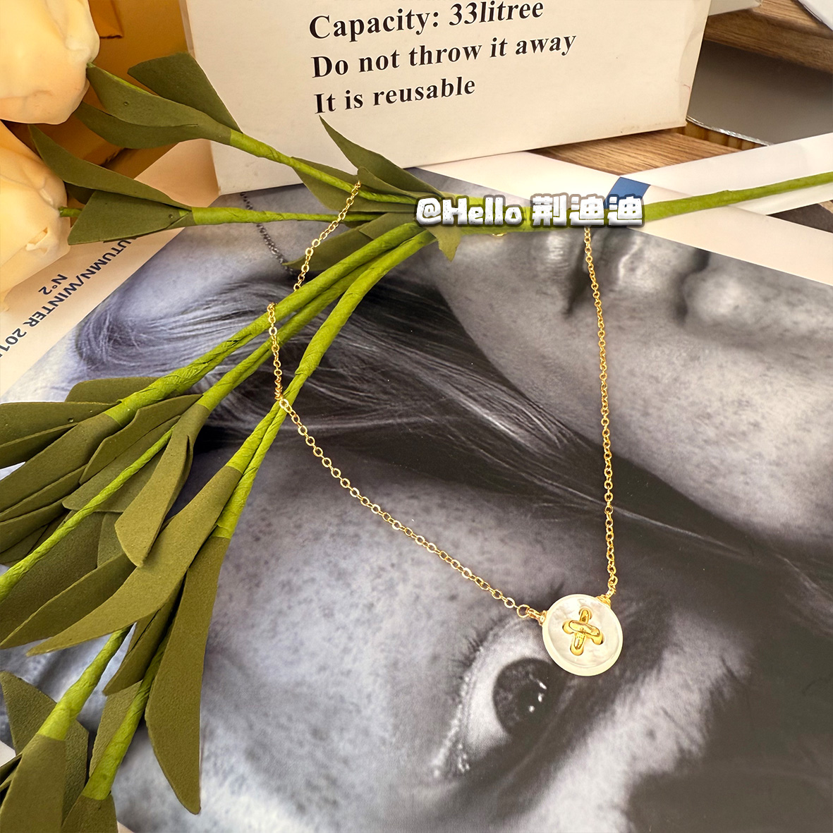 链子925银贝壳 铜合金轻奢圆形白贝交叉纽扣项链XL-1071