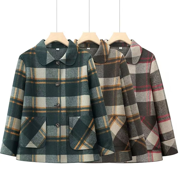 中老年女装春秋季两面穿毛呢大衣奶奶格子双面外套中年妈妈装上衣