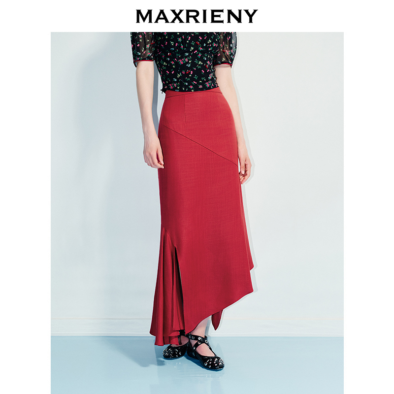 MAXRIENYMAXRIENY25年新款樱桃红不规则鱼尾裙高腰显瘦百搭裙子