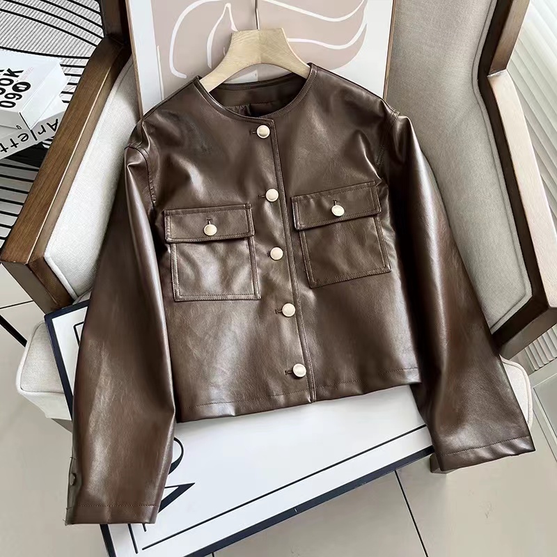复古港风秋季高级感圆领金扣皮衣外套H1819