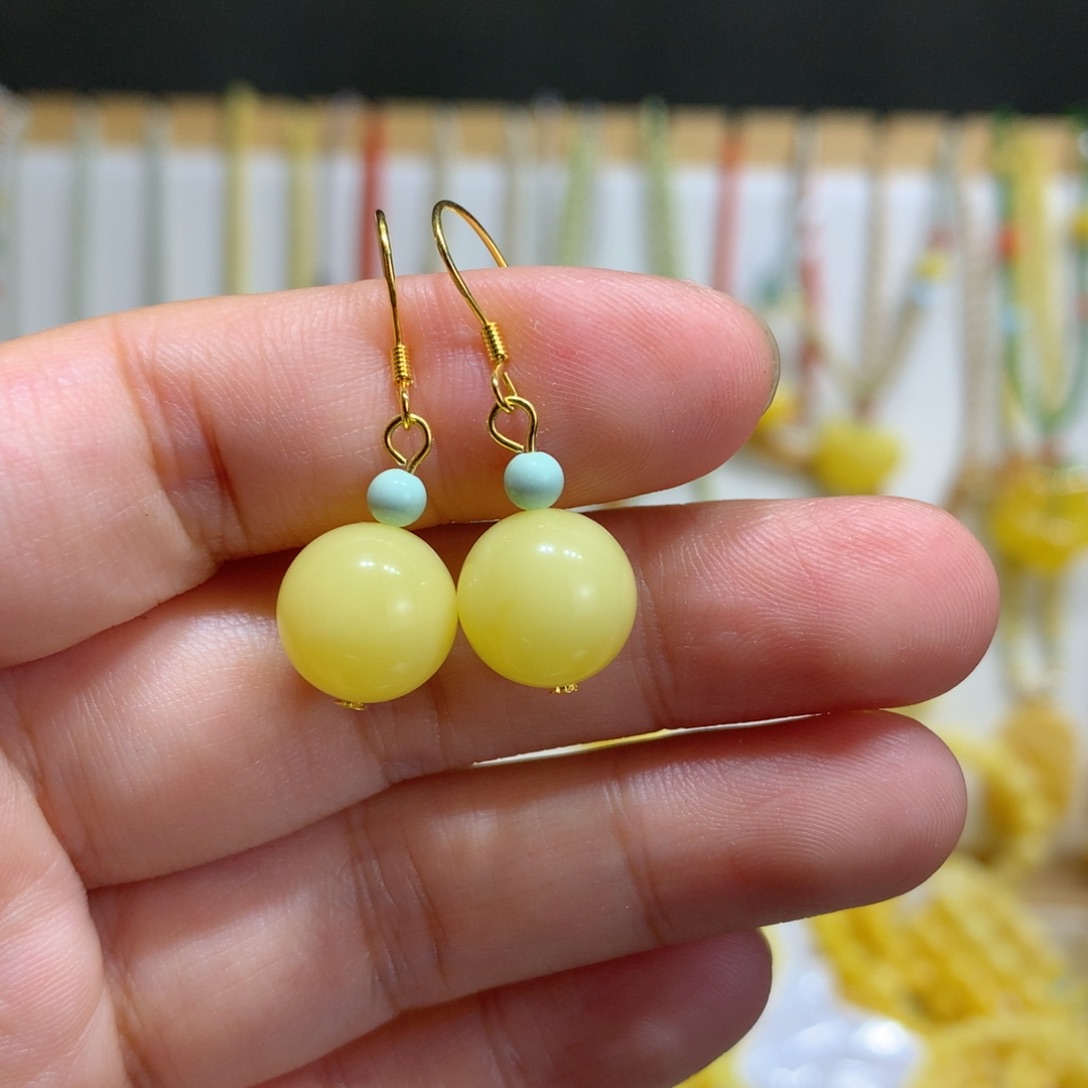 银S925镀金镶嵌琥珀耳饰10.8mm