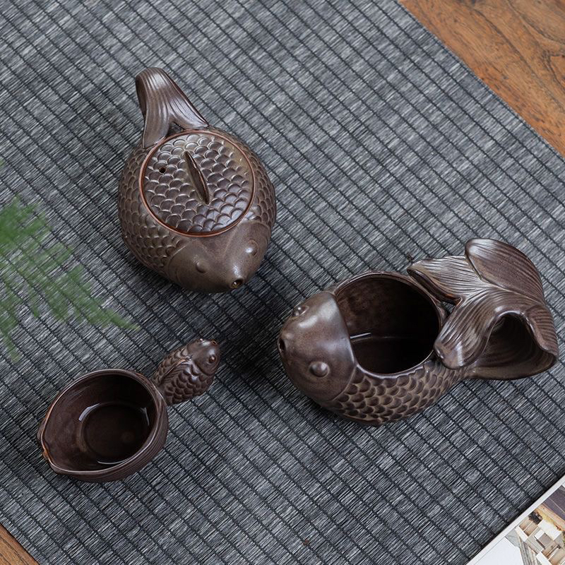 年年有鱼仿古鱼壶茶壶陶瓷创意主人杯纯分茶壶茶具手工杯复古茶壶