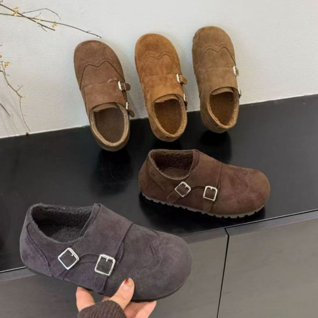 2025新款冬季时尚复古绒面韩版圆头平底勃肯鞋女百搭休闲浅口单鞋