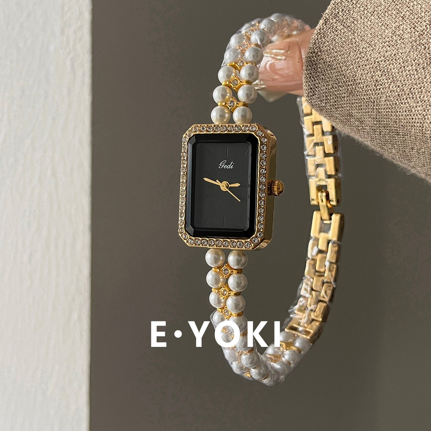 一柚七 黑银珍珠手链小方表女士小众轻奢高级感时尚石英手表女334