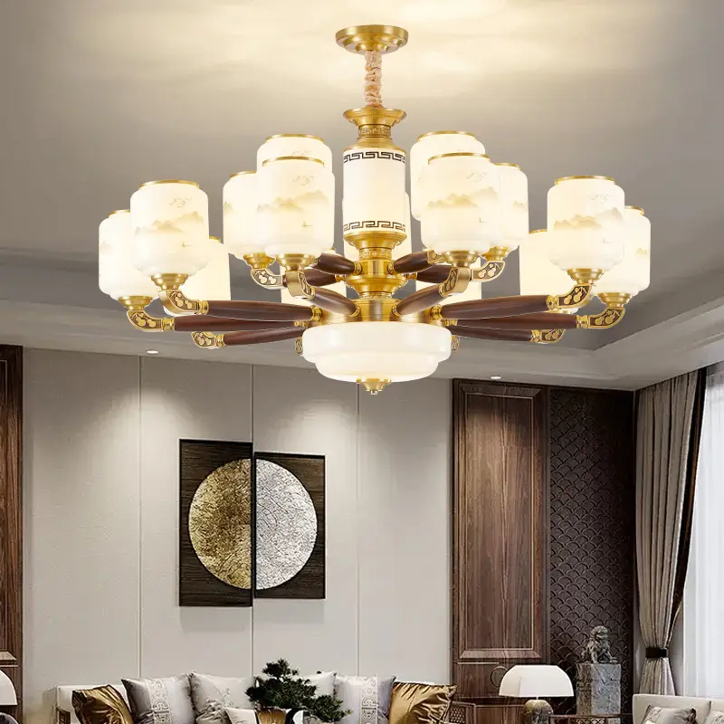 新中式禅意风格别墅客厅灯餐厅灯家用大气灯铜加木材质大厅吊灯