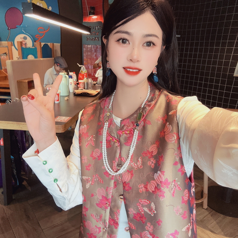 【粉蝶 马甲】气质复古提花显瘦圆领手工扣无袖常规款马甲DY