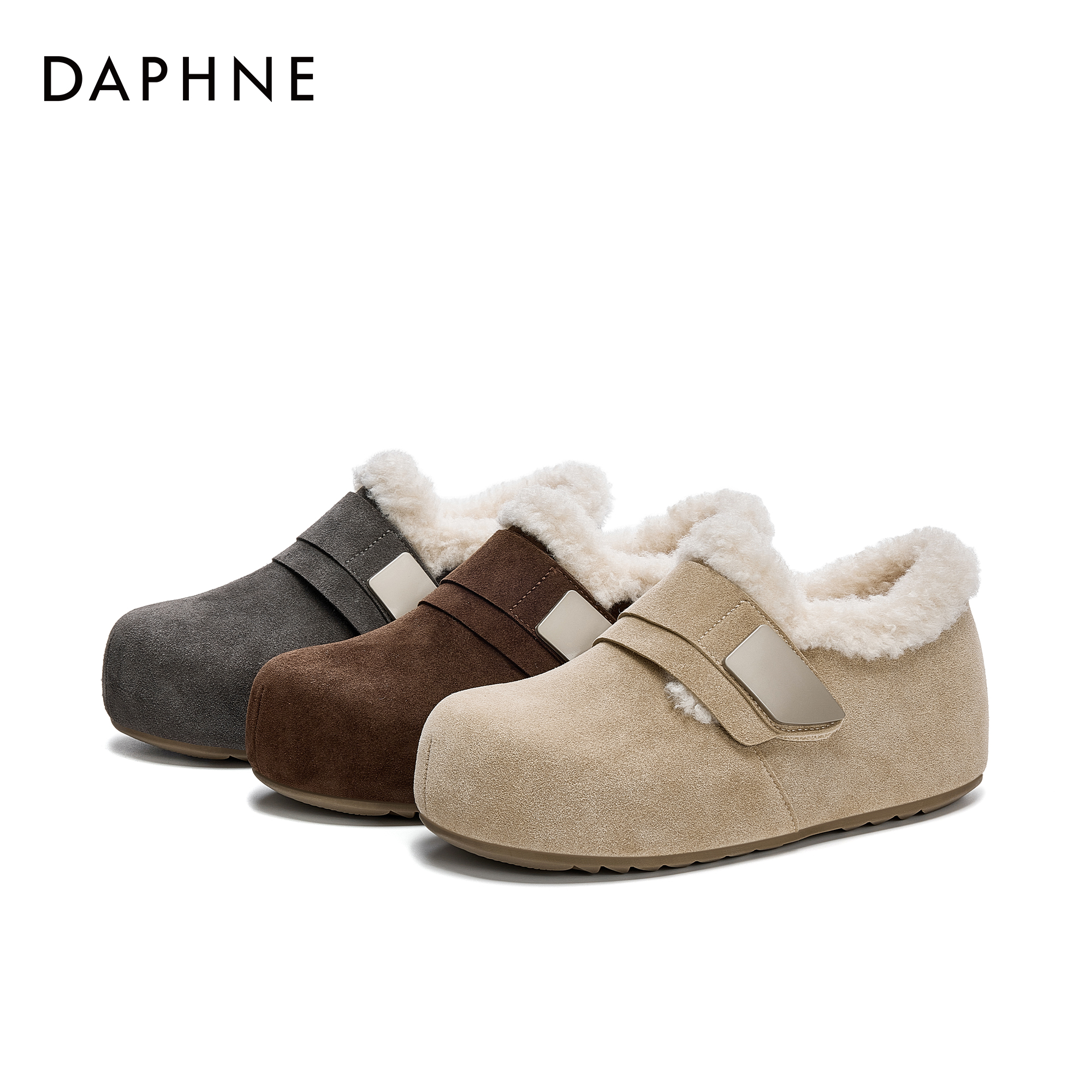 2025达芙妮冬新款加绒懒人鞋魔术贴休闲鞋毛绒保暖舒适棉鞋