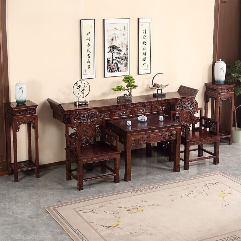 古典家具麒麟带抽屉款全北榆木中堂六件套别墅堂屋家具