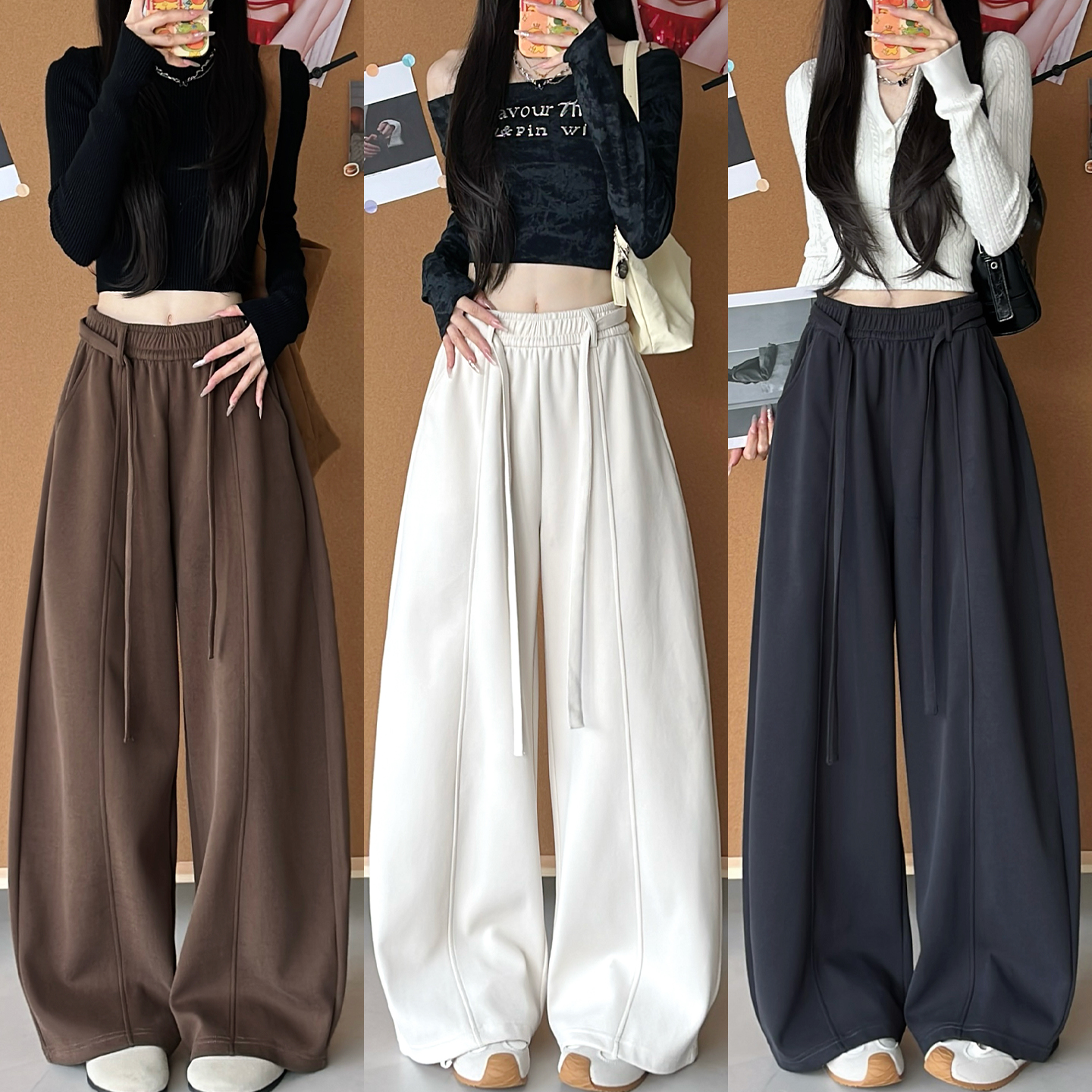 米灰色运动弯刀裤女秋季2025新款高腰宽松显瘦垂感休闲阔腿香蕉裤