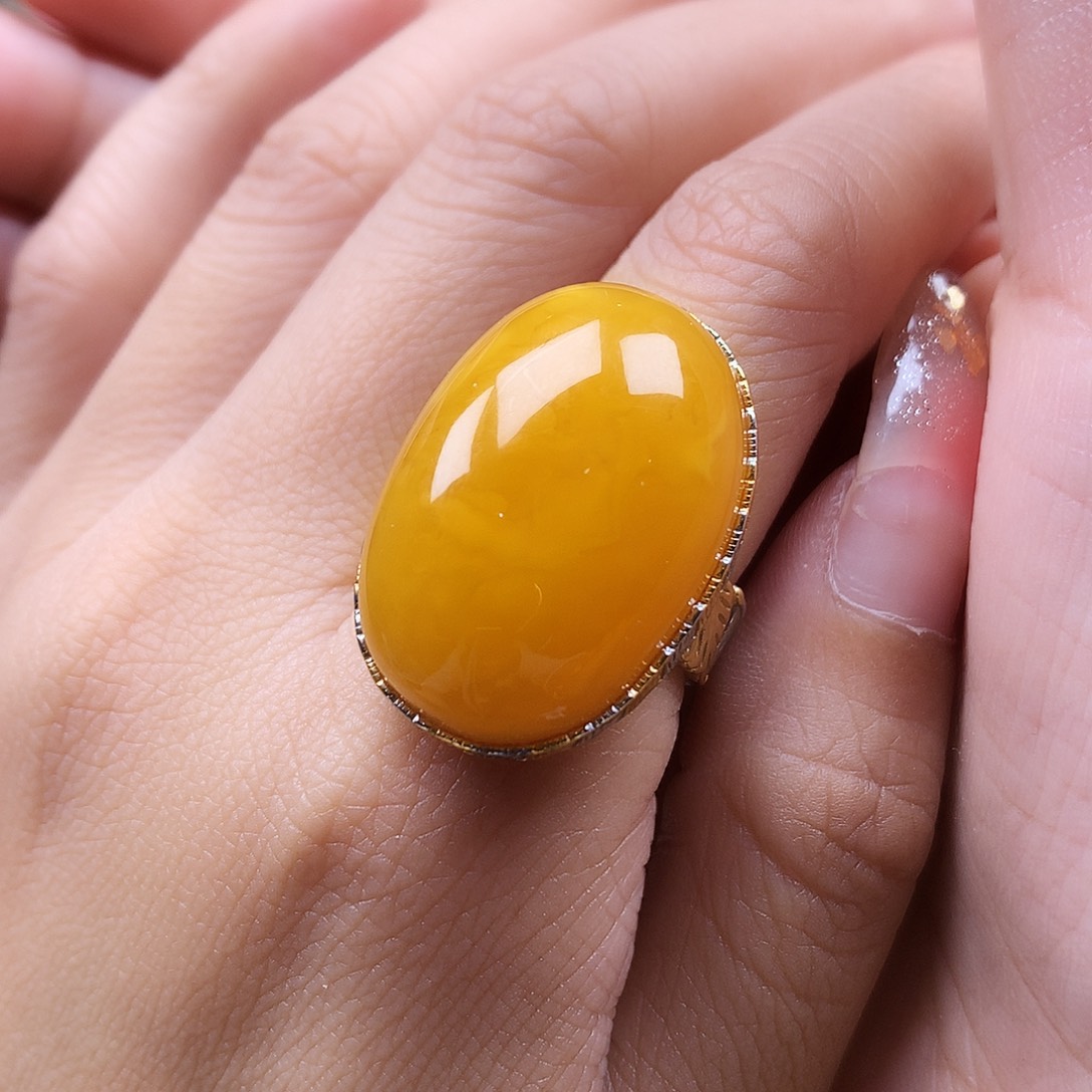 蜜蜡戒指银S925镶嵌戒指