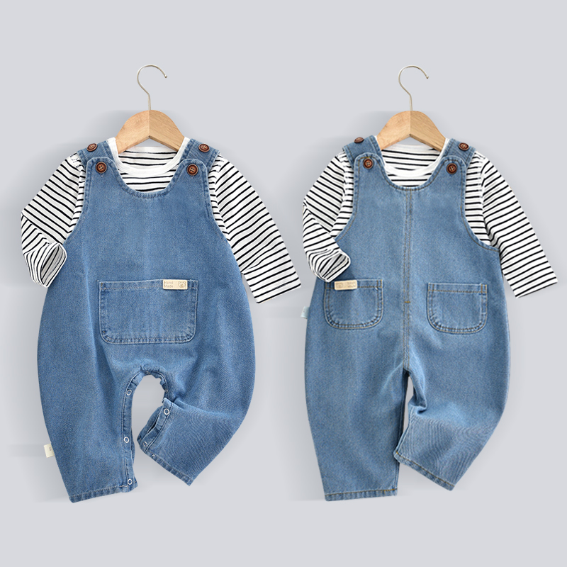 【新品】婴儿牛仔套装背带裤春哈衣新生儿爬服潮流男女宝宝衣服春装