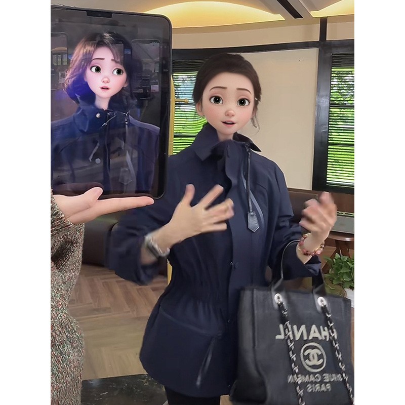 杨幂明星同款藏蓝色气质立领短款风衣女收腰显瘦工装百搭通勤外套