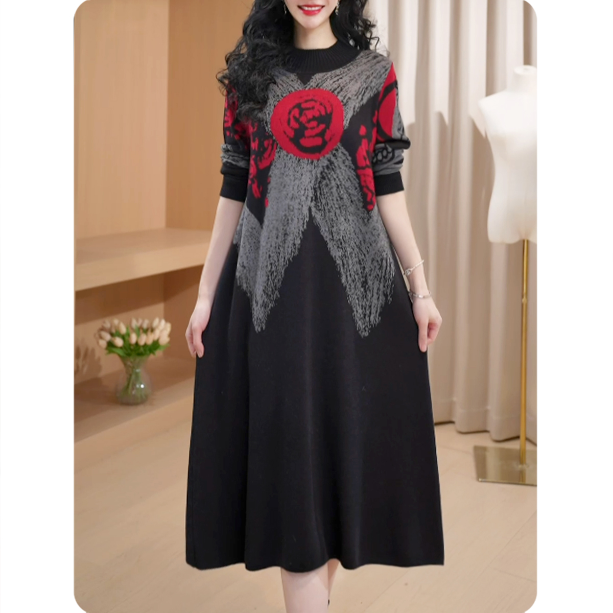 [TL4]圆玫瑰女士宽松连衣裙中长款毛衣裙气质休闲女装4ZL0125325