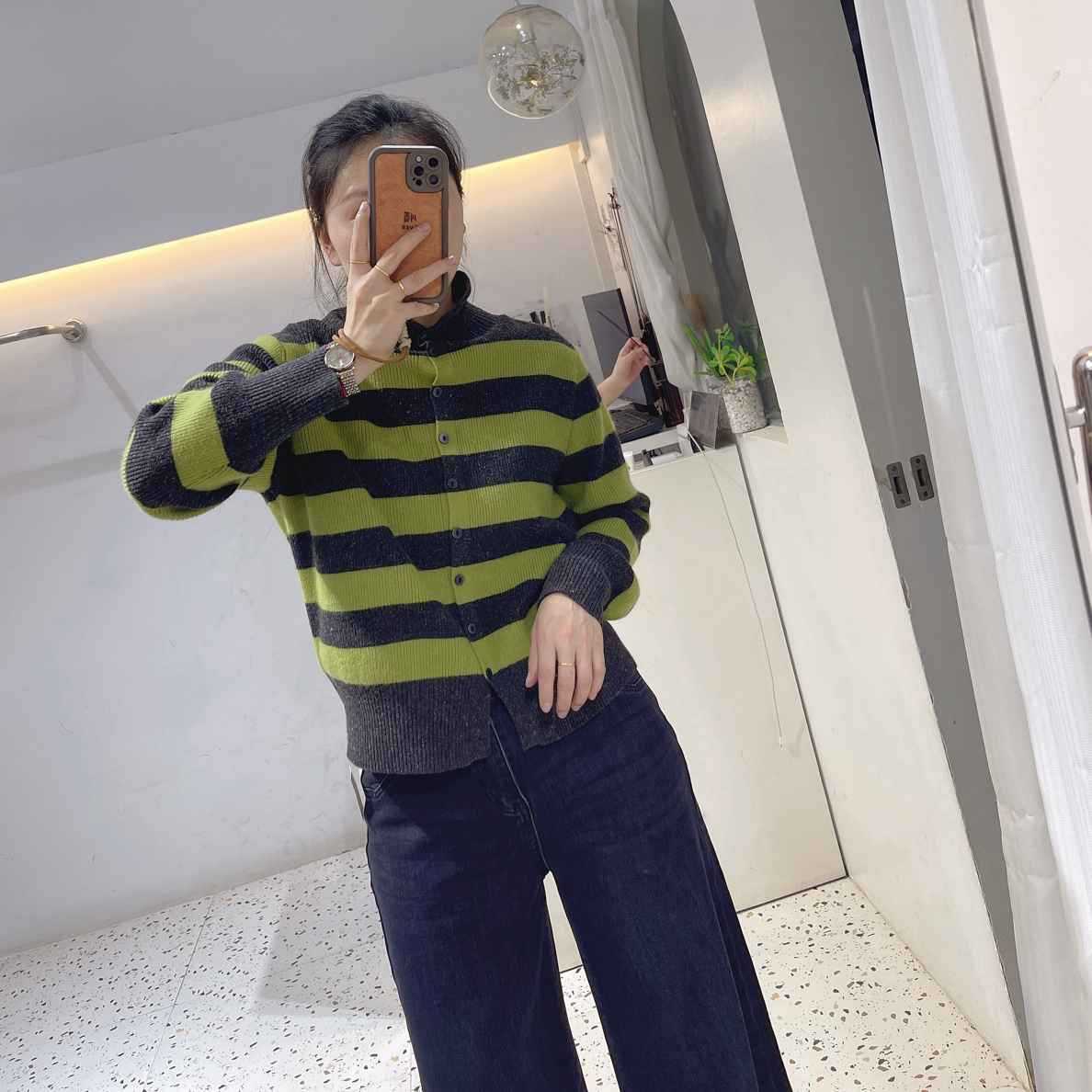 韩系条纹撞色高领小羊毛开衫气质显瘦98605