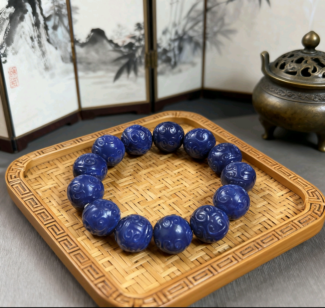 429精品蓝色18mm雕刻圆珠手串