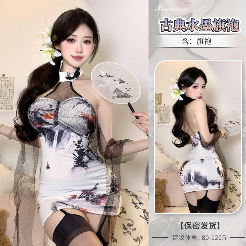 夏季薄款性感新改良印花山水旗袍露背修身开衩包臀裙中式国风睡裙