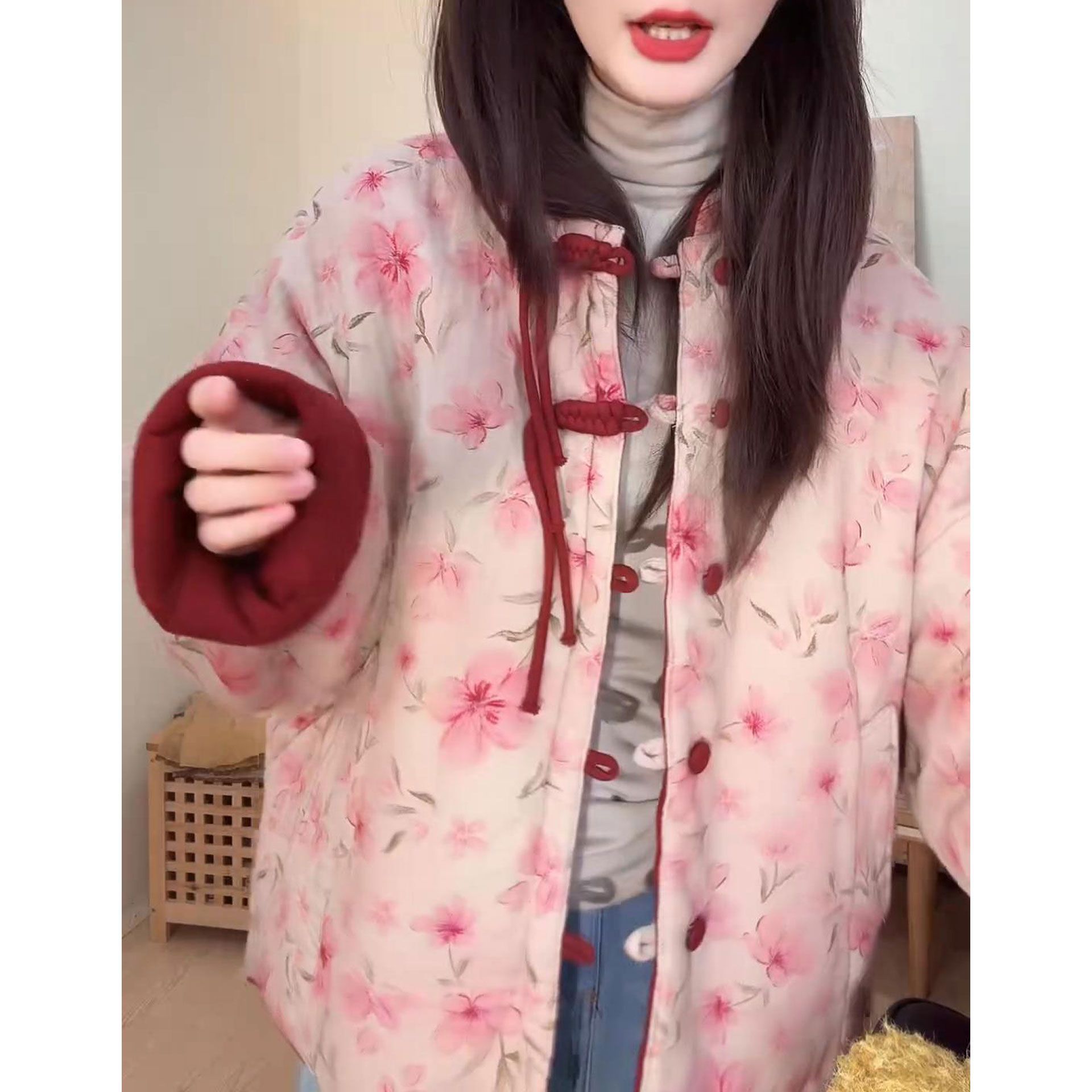 时尚洋气设计感双面穿保暖棉衣2025冬季新款气质中国风印花棉服女