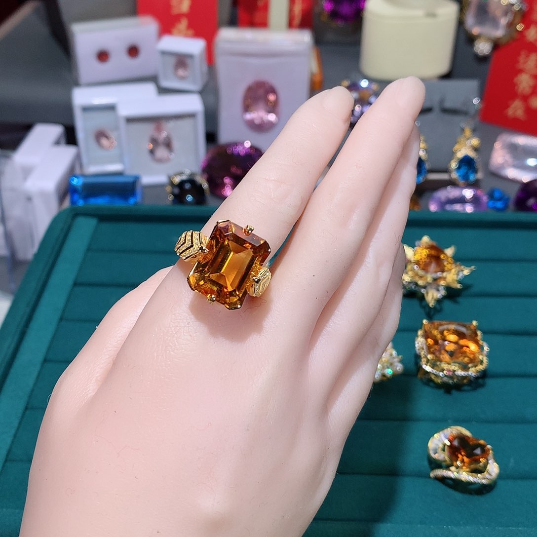 黄晶戒指银S925镶嵌火****虫戒指