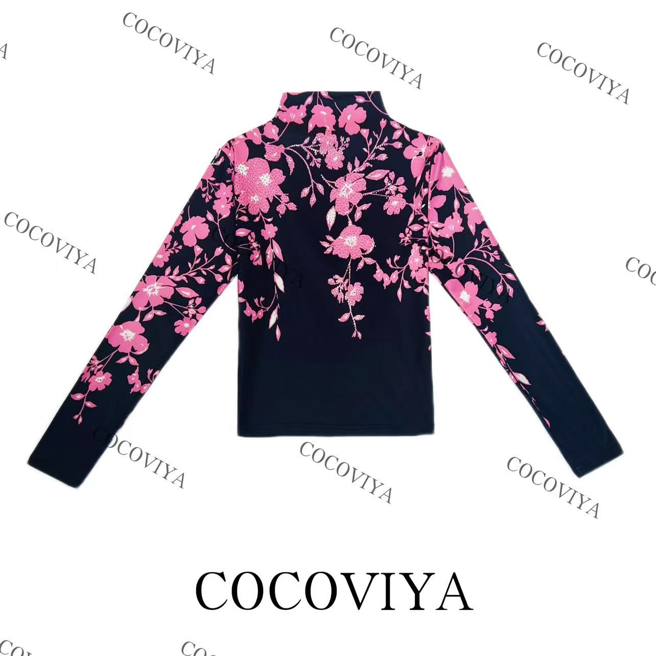 C  COCOVIYA加绒花卉印花半高领复古轻奢修身显瘦上衣26C-06