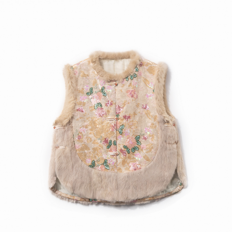 【蝶韵】冬季2025新款新中式马夹女式宽松国风提花兔毛马甲