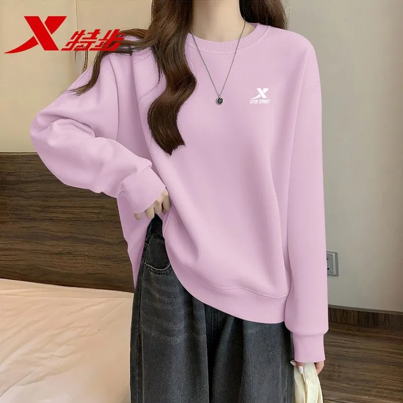 特步轻奢卫衣女秋季时尚新款长袖圆领运动衣上衣女跑步休闲运动服