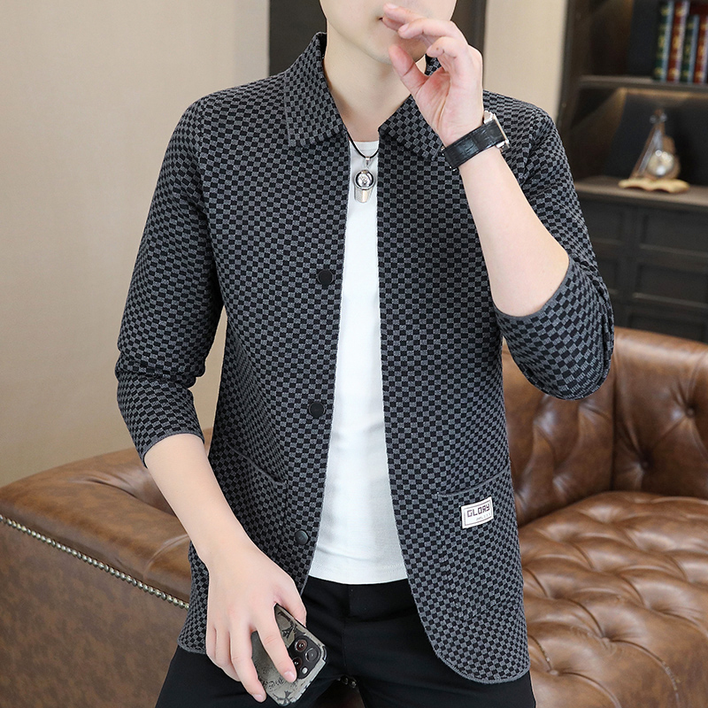 森铂春季新款男士格子翻领针织开衫外套休闲潮流欧货男外套24827