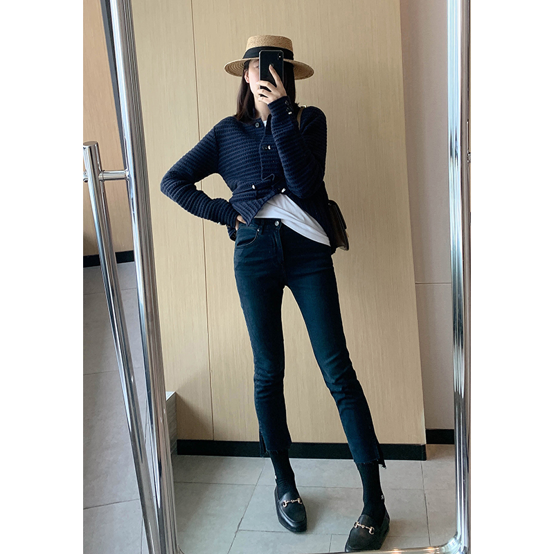 漫颜刘水洗棉牛仔裤2021秋冬新品长袖修身高腰深色长裤