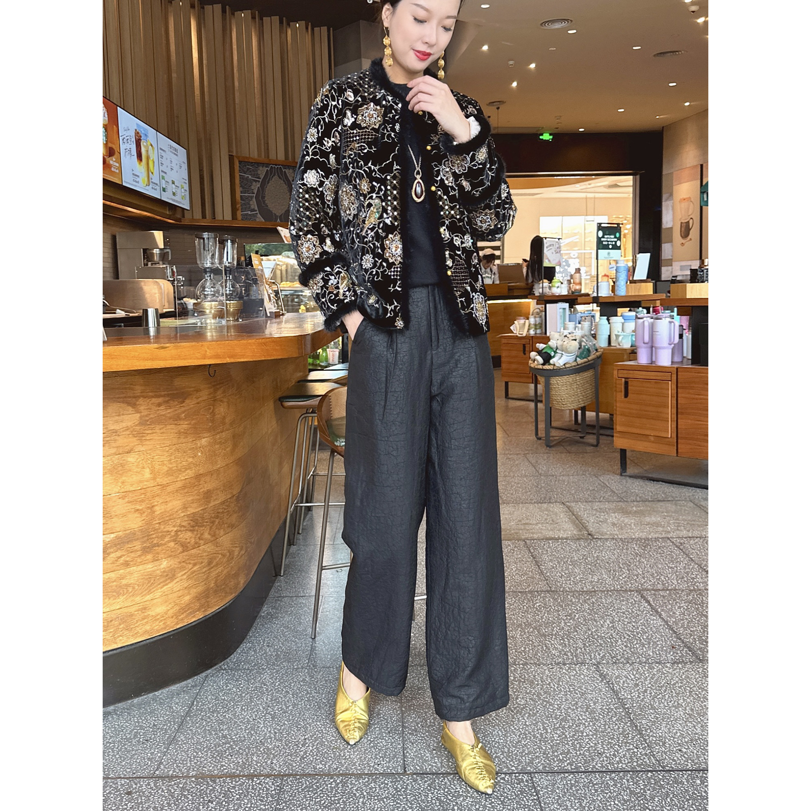 【深圳罗依】原创真丝棉裤女桑蚕丝香云纱龟纹加棉显瘦长裤保暖棉裤