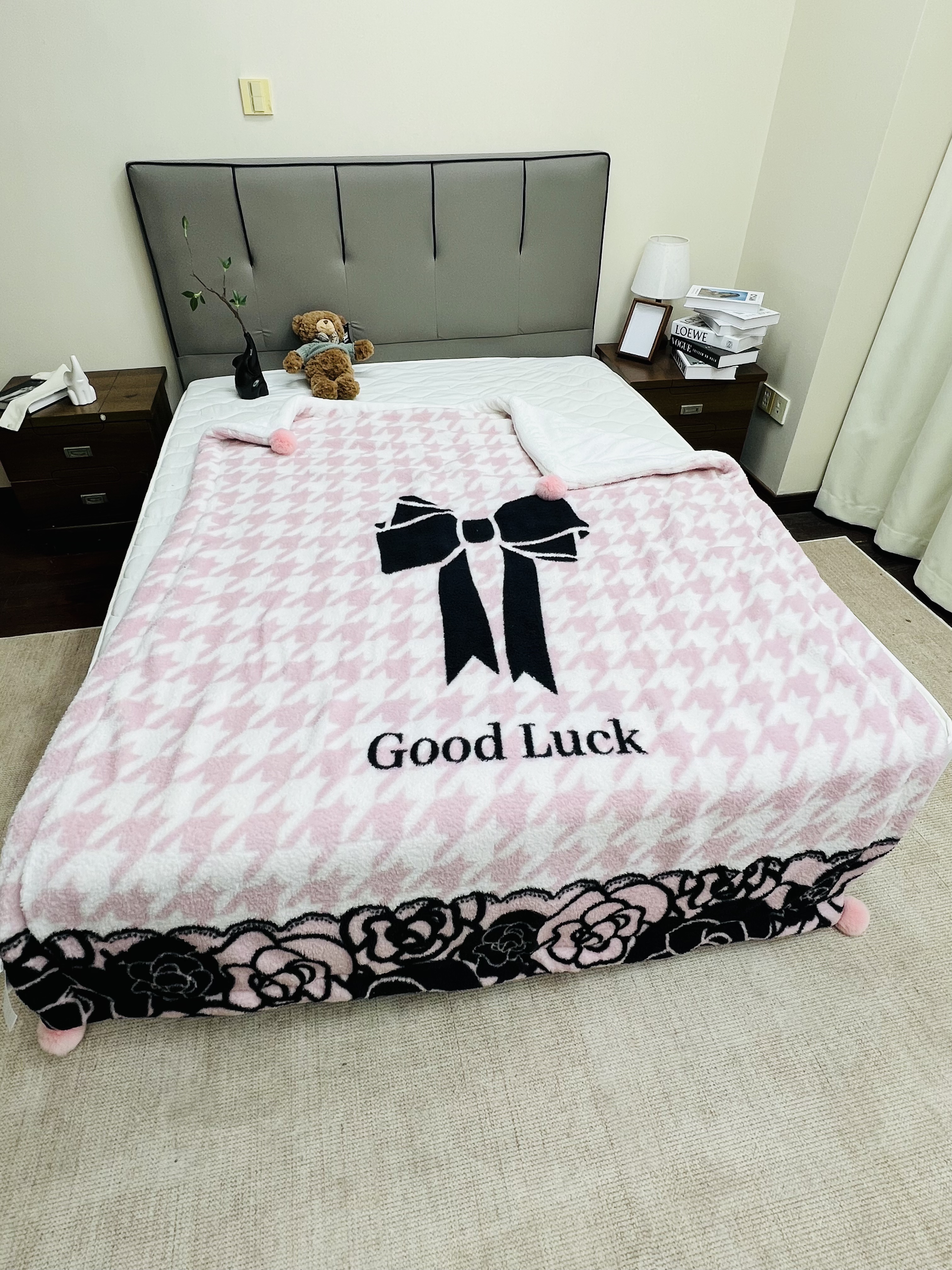 150*200【粉色千鸟格蝴蝶结双层保暖冬被】加厚双层被