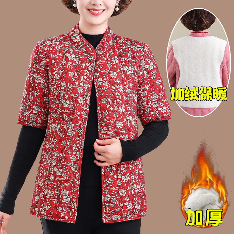 妈妈装秋冬新款马甲中老年女装碎花短袖棉衣半袖加绒加厚保暖棉袄