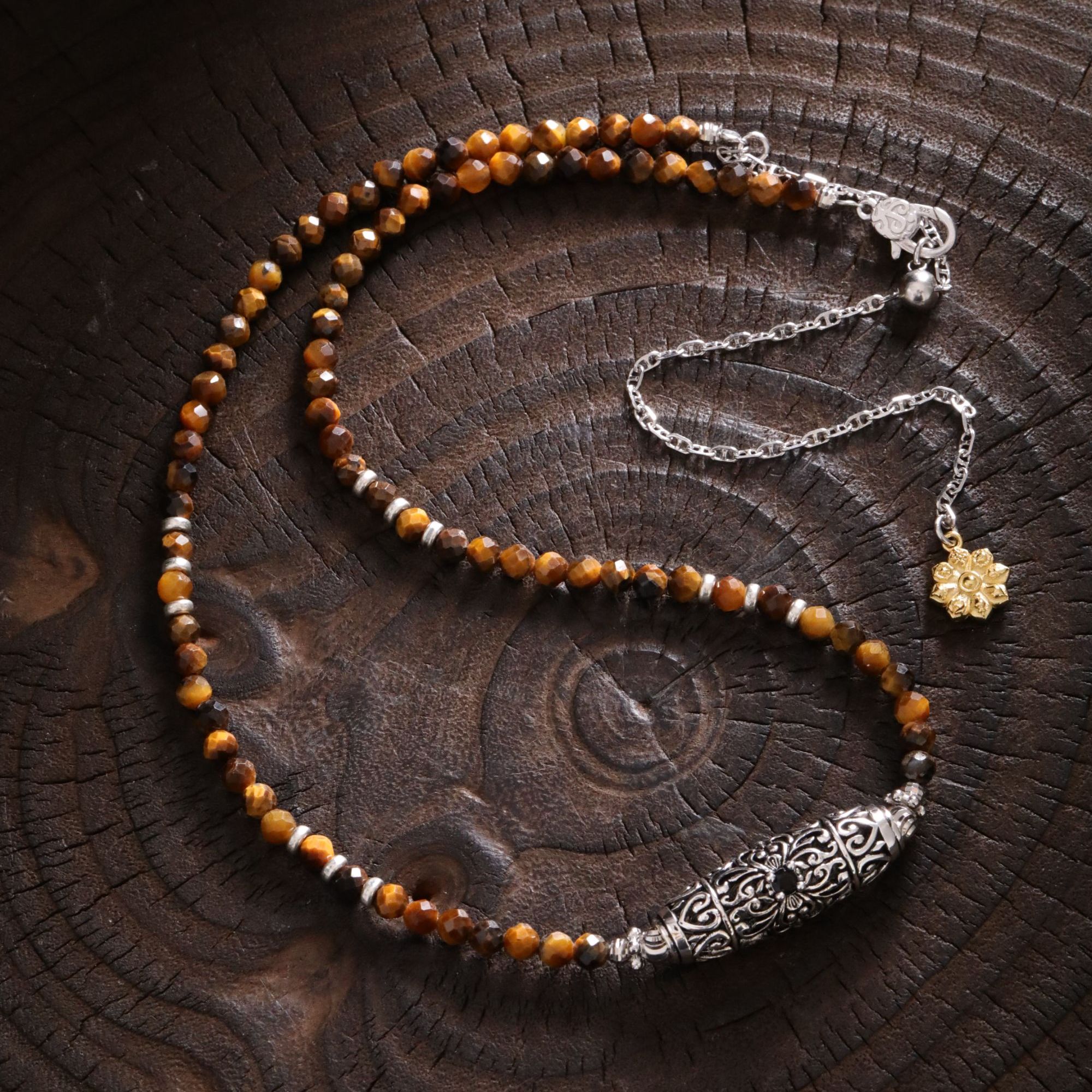 链子925银 N18674 大头姐 做旧古金花纹橄榄型珠八宝尾坠项链