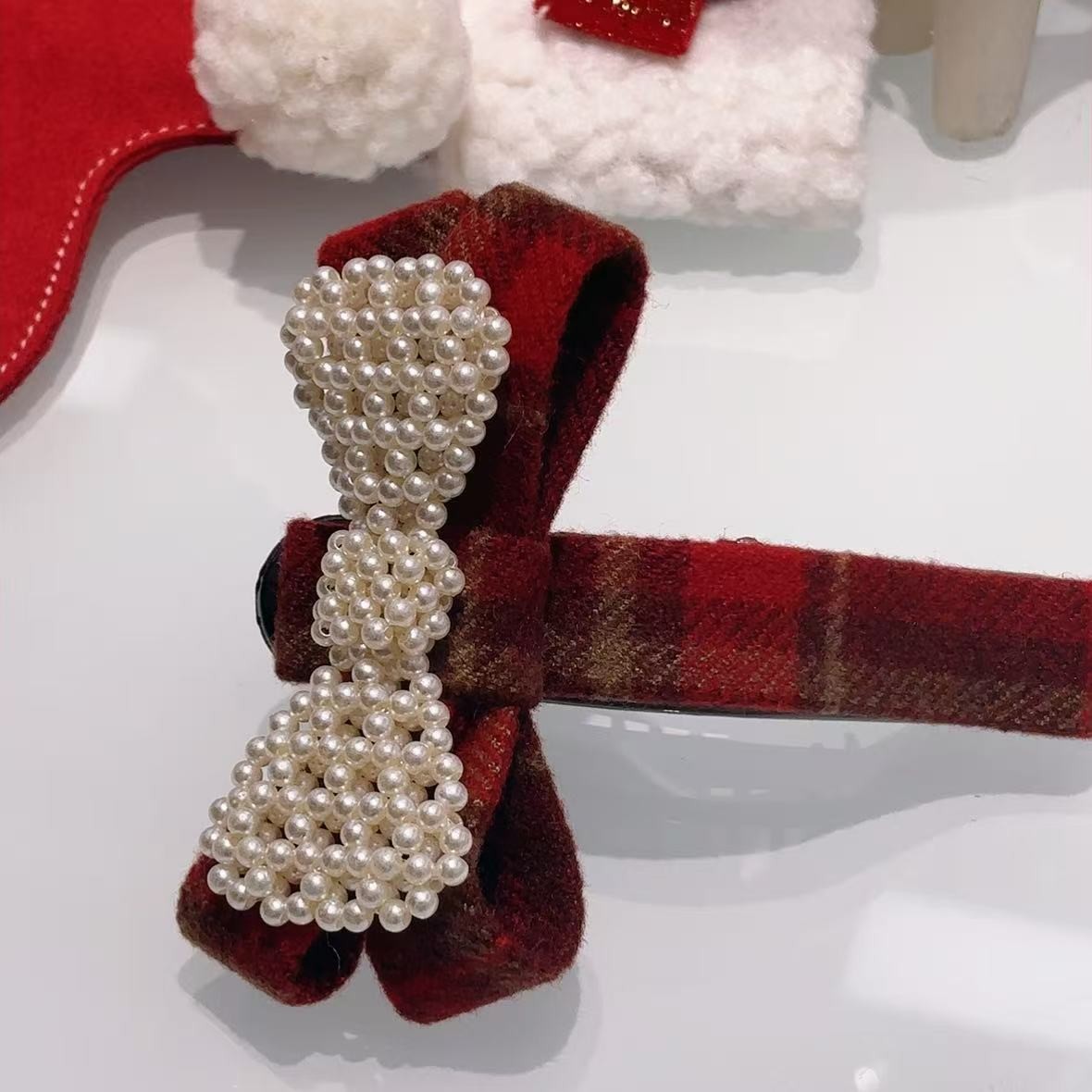 格子蝴蝶结珍珠发夹