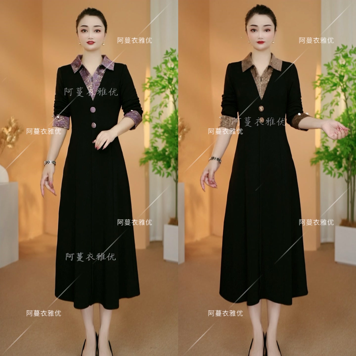 【衣雅严选】8085-2441#新款空气层拼接时尚假两件气质翻领连衣裙