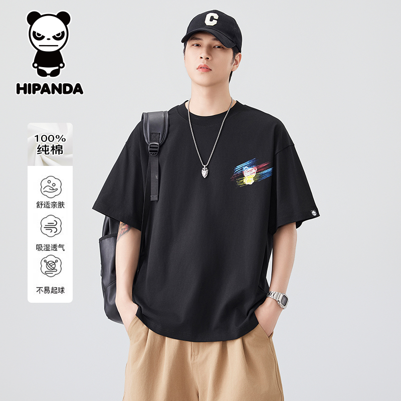 Hi Panda你好熊猫手绘纯棉短袖T恤男士夏季新款宽松圆领半袖上衣