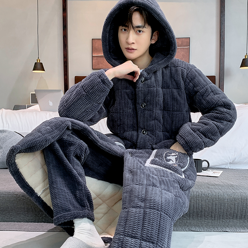 【三层夹棉】长袍冬季男士睡衣加厚加绒棉袄保暖长款家居服两件套装